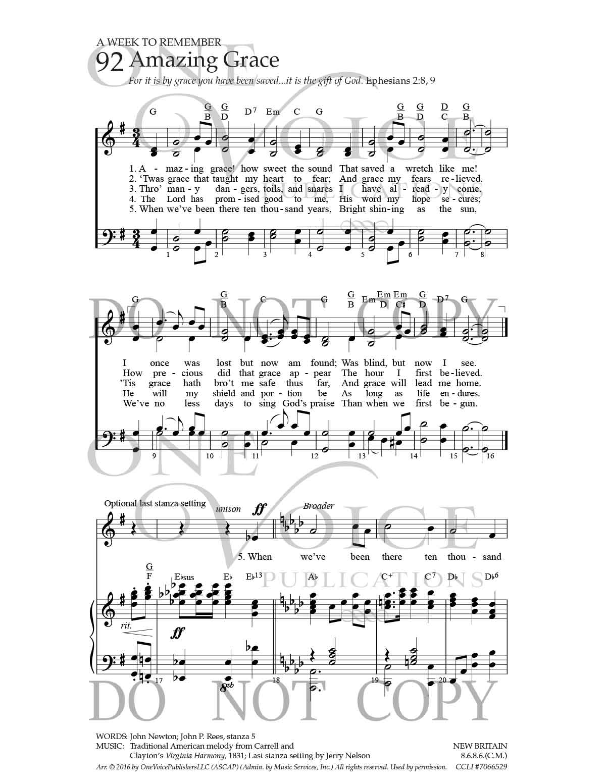 Amazing Grace Sheet Music With Guitar Chords One Voice Hymnal